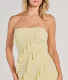 The Gabby Formal Mesh Strapless Ruffle Long Dress in luxe yellow fabric, a stunning prom dress with statement details designed to make a bold impression at Prom 2025.