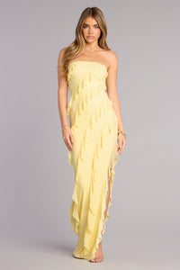 ruffled yellow maxi dress Gabby Formal Mesh Strapless Ruffle Long Dress