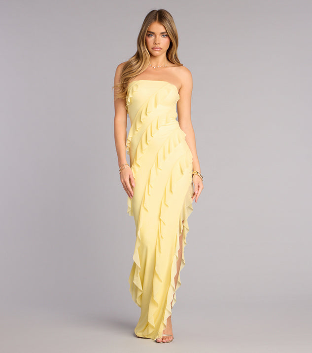 Gabby Formal Mesh Strapless Ruffle Long Dress