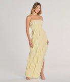 The Gabby Formal Mesh Strapless Ruffle Long Dress in luxe yellow fabric, a stunning prom dress with statement details designed to make a bold impression at Prom 2025.