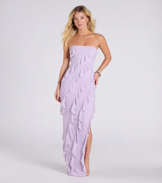 Windsor Gabby Formal Mesh Strapless Ruffle Long Dress in Yellow | Size: L