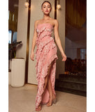 Make a bold statement in the Brie Strapless Ruffled Slit Column Dress in mauve, the perfect spring dress for weddings, cocktail hours, nights out, and/or seasonal celebrations.