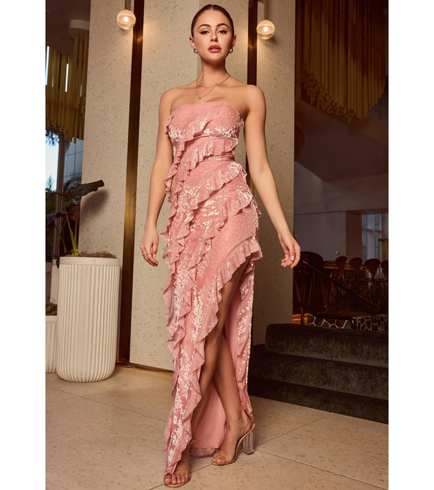Make a bold statement in the Brie Strapless Ruffled Slit Column Dress in mauve, the perfect spring dress for weddings, cocktail hours, nights out, and/or seasonal celebrations.