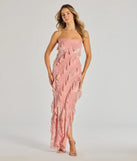 Make a bold statement in the Brie Strapless Ruffled Slit Column Dress in mauve, the perfect spring dress for weddings, cocktail hours, nights out, and/or seasonal celebrations.
