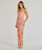Make a bold statement in the Brie Strapless Ruffled Slit Column Dress in mauve, the perfect spring dress for weddings, cocktail hours, nights out, and/or seasonal celebrations.