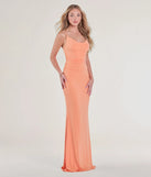 The Lilliana Cowl Neck Knit Mermaid Dress in luxe orange fabric, a stunning prom dress with statement details designed to make a bold impression at Prom 2025.