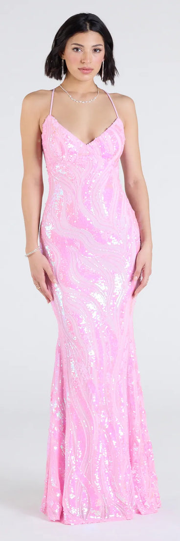 Make a bold statement in the Acacia Iridescent Sequin Lace-Up Formal Dress in pink, the perfect summer dress for weddings, cocktail hours, nights out, and/or seasonal celebrations.