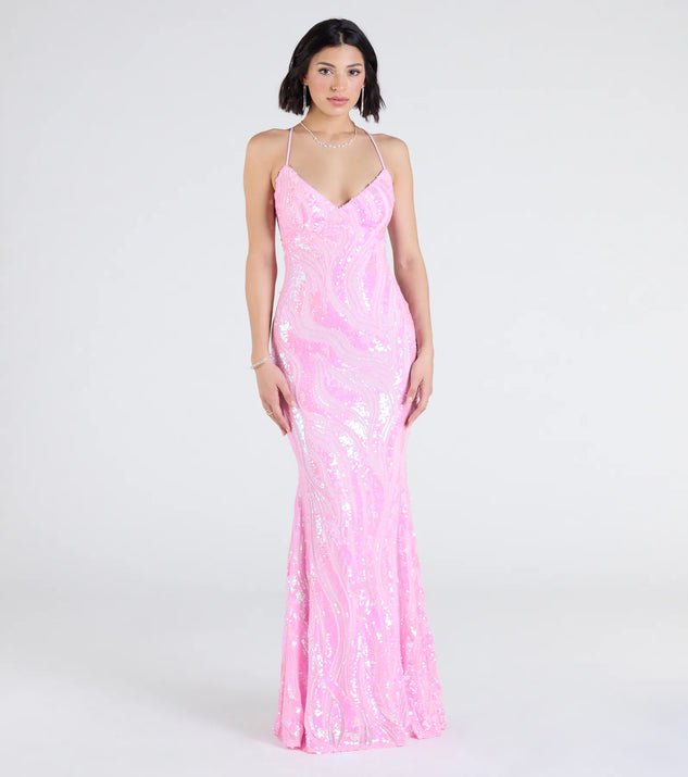 Make a bold statement in the Acacia Iridescent Sequin Lace-Up Formal Dress in pink, the perfect spring dress for weddings, cocktail hours, nights out, and/or seasonal celebrations.