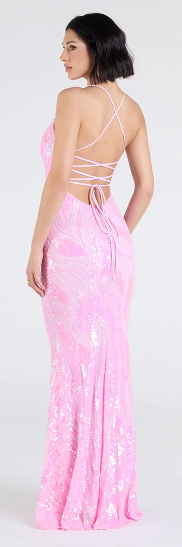 Make a bold statement in the Acacia Iridescent Sequin Lace-Up Formal Dress in pink, the perfect summer dress for weddings, cocktail hours, nights out, and/or seasonal celebrations.