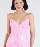 Make a bold statement in the Acacia Iridescent Sequin Lace-Up Formal Dress in pink, the perfect spring dress for weddings, cocktail hours, nights out, and/or seasonal celebrations.