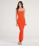 Turn heads at Prom 2025 in this orange prom dress, where statement-making details meet the iconic style of the Saisha Strapless Bodycon Mesh Formal Dress.