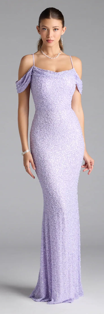 Own the spotlight in the Faye Cold Shoulder Mermaid Beaded Formal Dress, a lavender formal dress crafted to deliver luxe style for summer weddings, Army Balls, or any special event.
