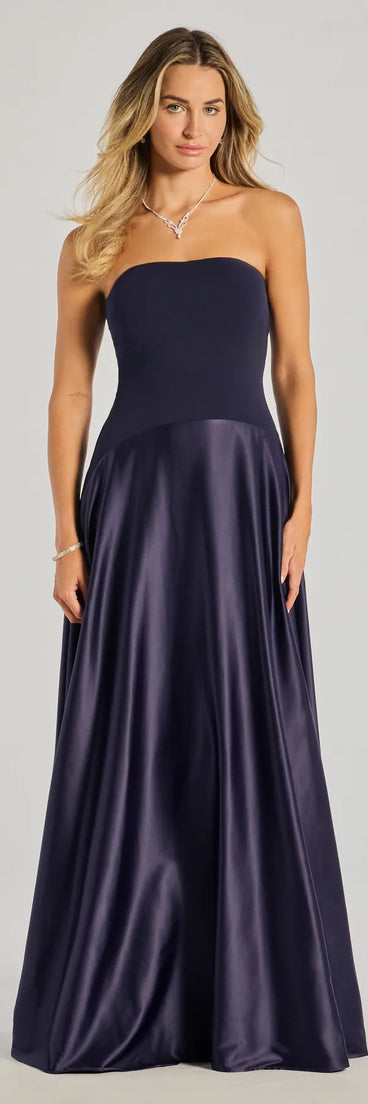 The Madi Strapless Crepe Satin A-Line Formal Dress in luxe navy blue fabric, a stunning prom dress with statement details designed to make a bold impression at Prom 2025.