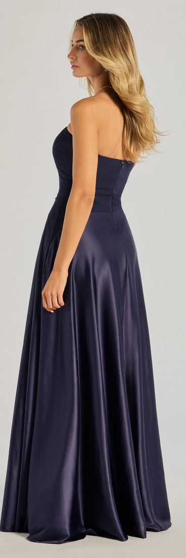 Step into the Prom 2025 dance in the Madi Strapless Crepe Satin A-Line Formal Dress in navy, a stunning blue prom dress designed to complement any theme with its timeless allure and statement-making style.