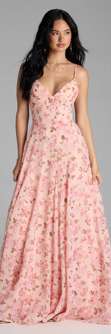 Feel instantly put-together in the Ysabella Lace-Up A-Line Floral Chiffon Formal Dress in peach, a summer wedding guest dress designed for confident style and all-out celebration.