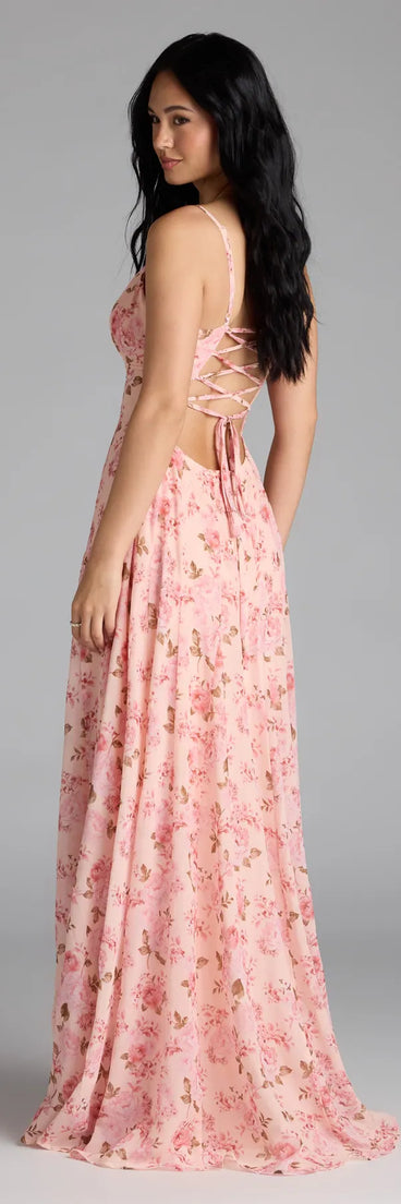 Own the spotlight in the Ysabella Lace-Up A-Line Floral Chiffon Formal Dress, a peach formal dress crafted to deliver luxe style for summer weddings, Army Balls, or any special event.