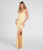 The Estella V-Neck Column Long Sequin Formal Dress in luxe yellow fabric, a stunning prom dress with statement details designed to make a bold impression at Prom 2025.