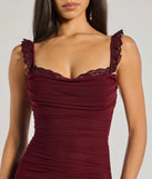 Step into Prom 2025 in a burgundy prom dress, where unique Windsor accents and the standout Morgana Lace-Up Ruched Mermaid Dress style come together.
