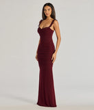Step into Prom 2025 in a burgundy prom dress, where unique Windsor accents and the standout Morgana Lace-Up Ruched Mermaid Dress style come together.