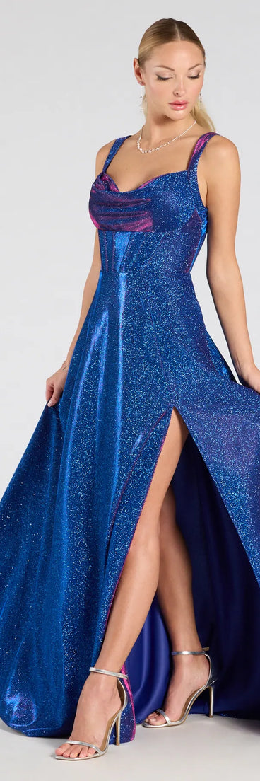 The Clarence Corset Slit Glitter A-Line Formal Dress in luxe sapphire fabric, a stunning prom dress with statement details designed to make a bold impression at Prom 2025.