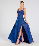 The Clarence Corset Slit Glitter A-Line Formal Dress in luxe sapphire fabric, a stunning prom dress with statement details designed to make a bold impression at Prom 2025.