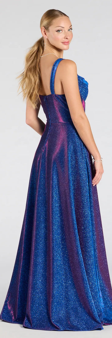 Step into the Prom 2025 dance in the Clarence Corset Slit Glitter A-Line Formal Dress in sapphire, a stunning blue prom dress designed to complement any theme with its timeless allure and statement-making style.