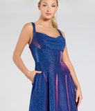 The Clarence Corset Slit Glitter A-Line Formal Dress in luxe sapphire fabric, a stunning prom dress with statement details designed to make a bold impression at Prom 2025.