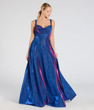 The Clarence Corset Slit Glitter A-Line Formal Dress in luxe sapphire fabric, a stunning prom dress with statement details designed to make a bold impression at Prom 2025.