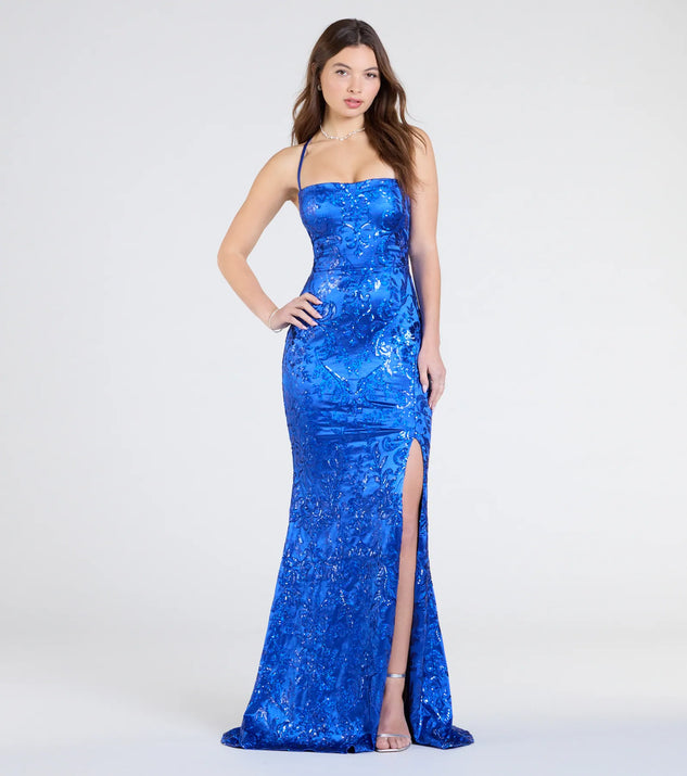 Own every entrance in the Marisol Lace-Up Column Sequin Satin Formal Dress, a royal blue party dress perfect for milestone birthdays and grad parties, or dancing through summer nights and unforgettable bachelorette celebrations.