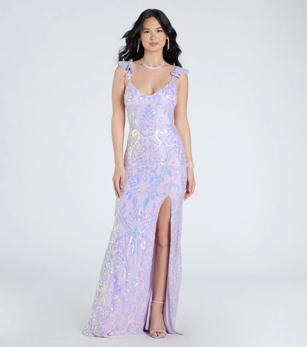 The Estella V-Neck Column Long Sequin Formal Dress in luxe lavender fabric, a stunning prom dress with statement details designed to make a bold impression at Prom 2025.