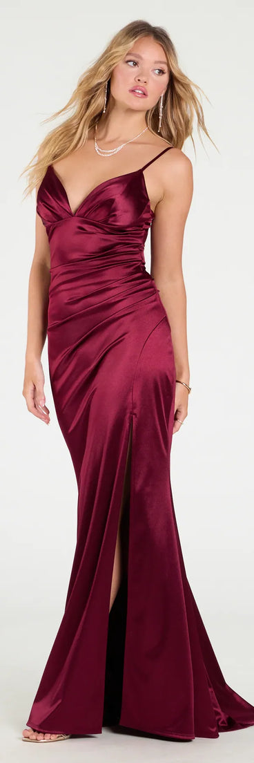 Own the spotlight in the Jordyn Formal Satin Mermaid Dress With Train, a wine formal dress crafted to deliver luxe style for autumn weddings, Military Balls, or any special event.