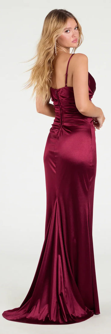 Make a statement in the Jordyn Formal Satin Mermaid Dress With Train in wine, a bold red prom dress designed to exude confidence, elegance, and a striking prom-night look.