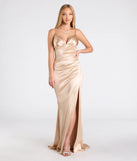 Feel instantly put-together in the Jordyn Formal Satin Mermaid Dress With Train in gold, a summer wedding guest dress designed for confident style and all-out celebration.