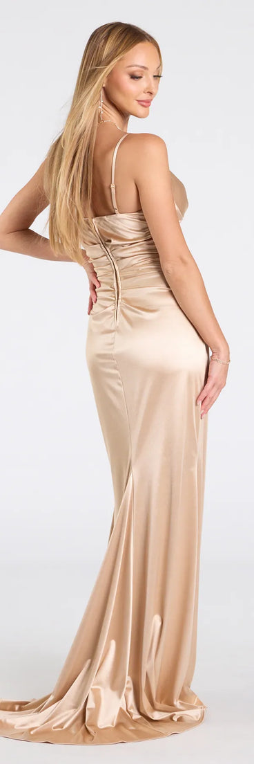 The Jordyn Formal Satin Mermaid Dress With Train in luxe gold fabric, a stunning prom dress with statement details designed to make a bold impression at Prom 2025.