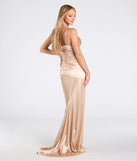 The Jordyn Formal Satin Mermaid Dress With Train in luxe gold fabric, a stunning prom dress with statement details designed to make a bold impression at Prom 2025.