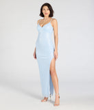 The Dovie Sequin Beaded Mesh Column Dress in luxe light blue fabric, a stunning prom dress with statement details designed to make a bold impression at Prom 2025.