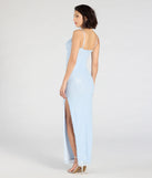 Step into the Prom 2025 dance in the Dovie Sequin Beaded Mesh Column Dress in light blue, a stunning blue prom dress designed to complement any theme with its timeless allure and statement-making style.