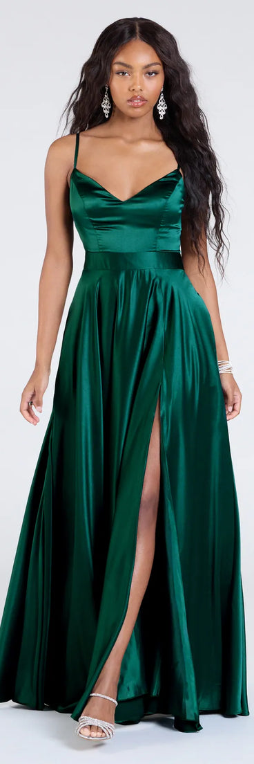 Celebrate in style with the Emilie Satin Tie-Back A-Line Formal Dress, a hunter green formal wedding guest dress featuring an elegant silhouette and luxe details, perfect for a black-tie celebration.