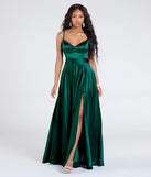 Celebrate in style with the Emilie Satin Tie-Back A-Line Formal Dress, a hunter green formal wedding guest dress featuring an elegant silhouette and luxe details, perfect for a black-tie celebration.