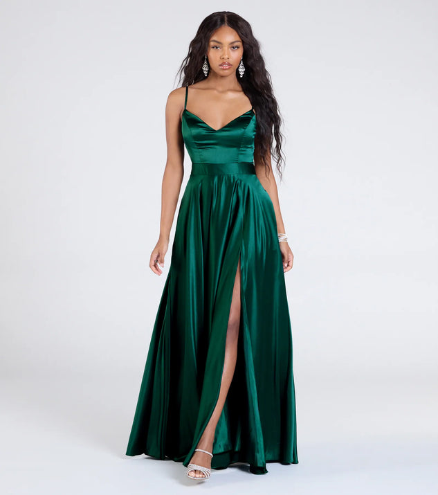 Celebrate in style with the Emilie Satin Tie-Back A-Line Formal Dress, a hunter green formal wedding guest dress featuring an elegant silhouette and luxe details, perfect for a black-tie celebration.