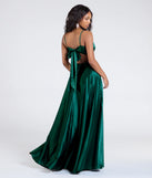 The Emilie Satin Tie-Back A-Line Formal Dress in hunter is a stunning green prom dress designed to capture attention with its fresh or bold color and effortlessly stylish silhouette.