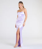 Celebrate in style with the Mayra Formal Satin Slit Long Dress, a lavender formal wedding guest dress featuring an elegant silhouette and luxe details, perfect for a black-tie celebration.