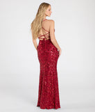 Make a statement in the Violetta Sequin Lace-Up Mermaid Dress, a bold red prom dress designed to exude confidence, elegance, and a striking prom-night look.