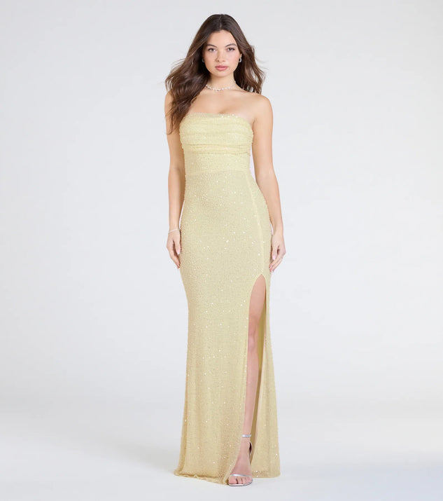 Make a bold statement in the Cindy Beaded Strapless Column Formal Dress in yellow, the perfect summer dress for weddings, cocktail hours, nights out, and/or seasonal celebrations.