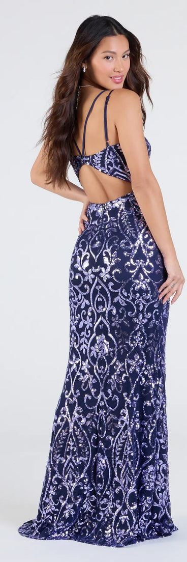 Step into the Prom 2026 dance in the Andrea Cutout Slit Mermaid Sequin Formal Dress in navy, a stunning blue prom dress designed to complement any theme with its timeless allure and statement-making style.