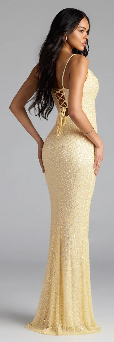 Own the spotlight in the Hollie Lace-Up Mermaid Sequin Beaded Formal Dress, a yellow formal dress crafted to deliver luxe style for summer weddings, Army Balls, or any special event.