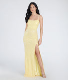 The Andrea Cutout Slit Mermaid Sequin Formal Dress in luxe yellow fabric, a stunning prom dress with statement details designed to make a bold impression at Prom 2025.