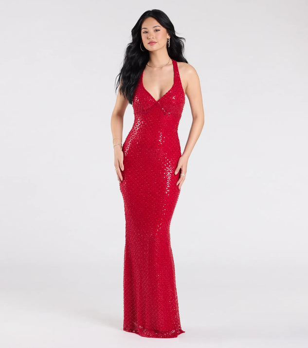 Make a statement in the Vanessa Open Back Mermaid Sequin Formal Dress, a bold red prom dress designed to exude confidence, elegance, and a striking prom-night look.