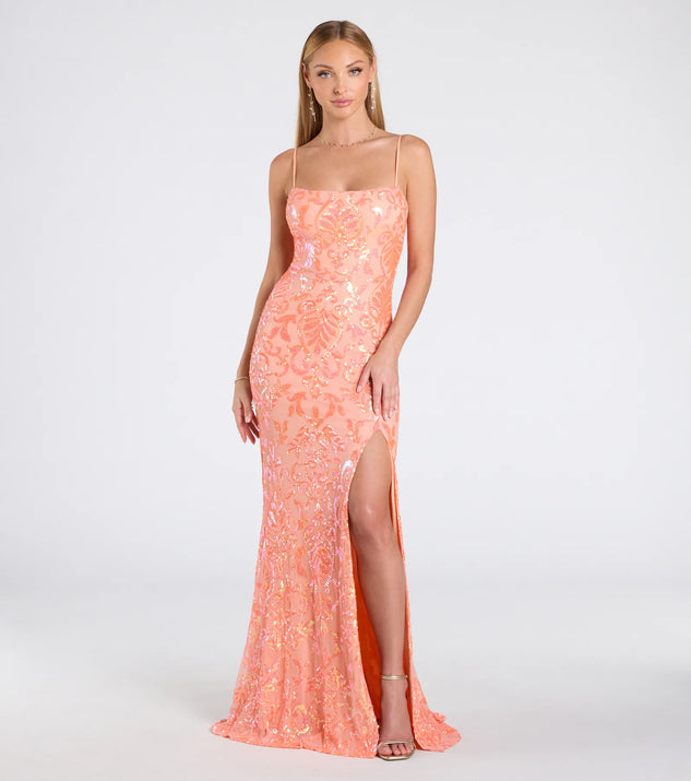 The Celina Sequin Lace-Up High Slit Mermaid Dress in luxe orange fabric, a stunning prom dress with statement details designed to make a bold impression at Prom 2025.