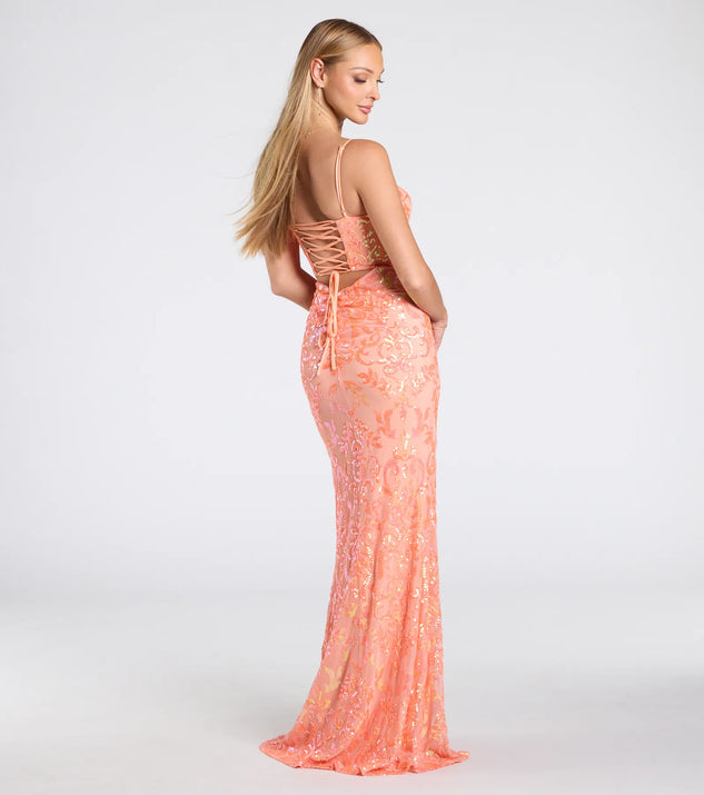 Celina Sequin Lace-Up High Slit Mermaid Dress | Windsor Celina Sequin Lace-Up High Slit Mermaid Dress | Windsor